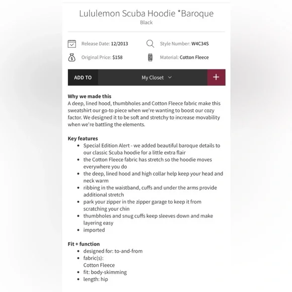 Lululemon Scuba Limited Edition Hiver (Baroque) 2013 Black Size 10 - Picture 8 of 10